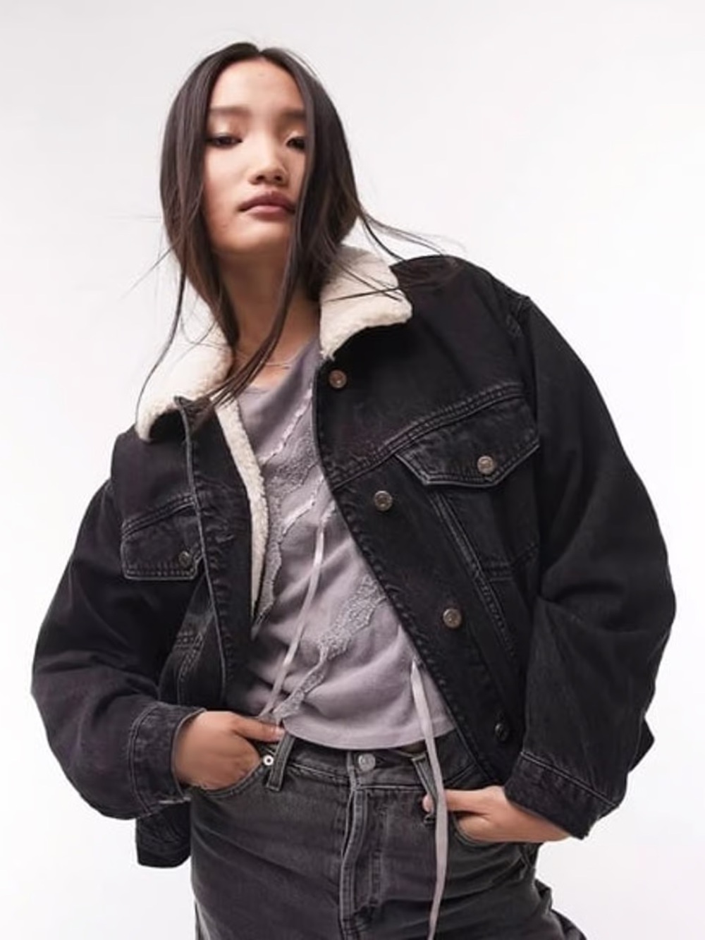Topshop Black Denim Sherpa Jacket